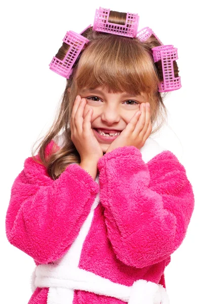 Little girl in pink bathrobe — Stock Photo, Image