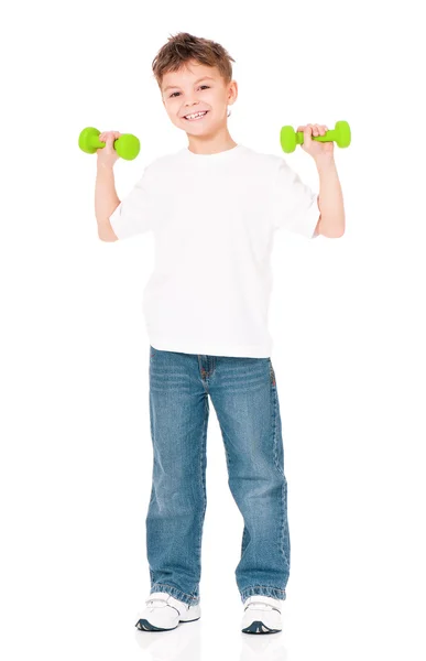 Little boy with dumbbells — Stock Photo, Image