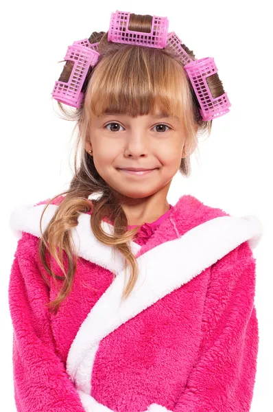 Little girl in pink bathrobe — Stock Photo, Image