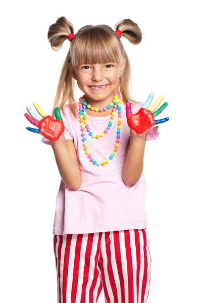 Niña con pinturas en las manos — Foto de Stock