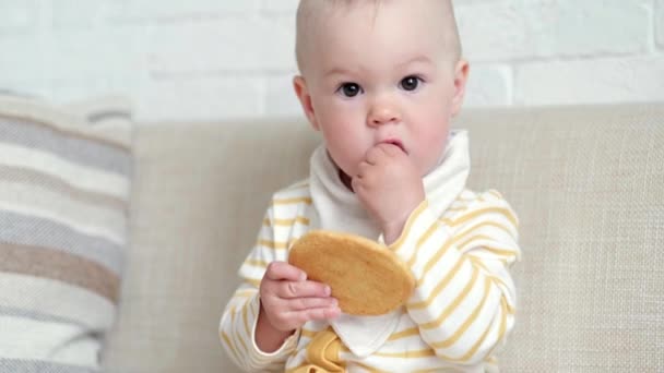 Kind maakt grappige gezichten eet groot smakelijk koekje. Portret dat thuis baby 's eet. Gezond eten, lunchtijd. — Stockvideo