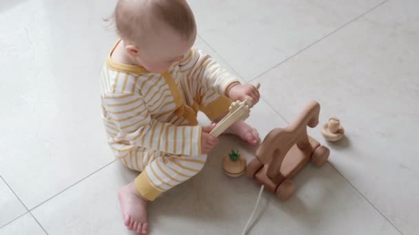 Eko drewna zabawki gry dla dzieci. Małe, mądre, kaukaskie dziecko bawiące się w naturalne zabawki w domu. Gry edukacyjne dla wczesnego rozwoju. Mały dzieciak wkłada zabawkę do ust — Wideo stockowe