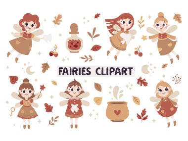 Tatlı vektör sonbahar zirvesi, sihirli peri masalı, muhteşem peri masalı karakterler, sihirli saksı, şişe, sonbahar yaprakları, böğürtlen, dallar, bitkiler, kabarcık, kanatlar, yıldızlar