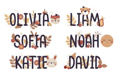 Yapraklar, bitkiler, böğürtlenler, hayvanlar - tişört, poster, bebek partisi davetiyeleri. Olivia, Sofia, Katie, David, Noah, Liam