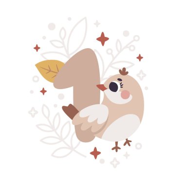 Kuş, bitki, dal, böğürtlen, yapraklar, yıldızlar, erkek ya da kız için sevimli hayvanlar içeren Boho tarzında bir numaralı vektör kartı. İlk 12 ay bebek. Yeni doğan tüm özel anları yakala bebeğim.