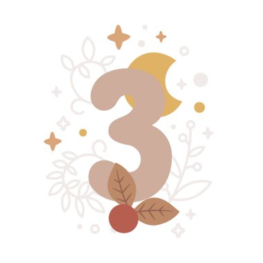 Üç numaralı Boho tarzı vektör kartı, ay, bitkiler, dal, böğürtlen, yapraklar, yıldızlar, erkek ya da kız için sevimli hayvanlar. İlk 12 ay bebek. Yeni doğan tüm özel anları yakala bebeğim.