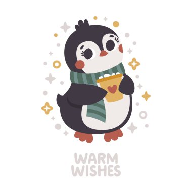 Penguen 'in kakaolu, yıldızlı, eşarplı Noel kartı. Sıcak Dilekler