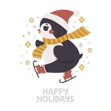 Penguen patenli şirin bir Noel kartı, hediyeler, Noel Baba şapkası, yıldızlar, atkı. İyi tatiller.