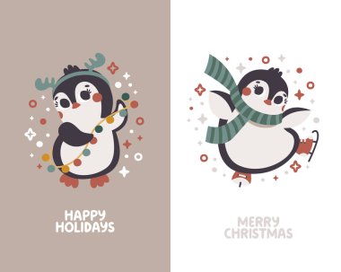 Penguenler, çelenkler, geyik boynuzları, yıldızlar, eşarplı şirin Noel kartları