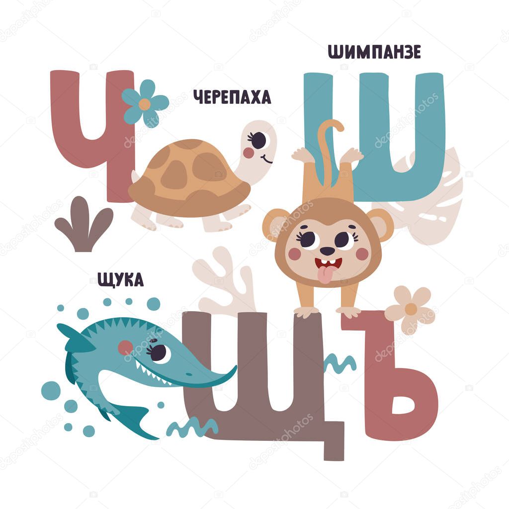 Cute vector Russian alphabet card with animals and plants. Set of cute cartoon illustrations - turtle, chimpanzee, pike, monkey