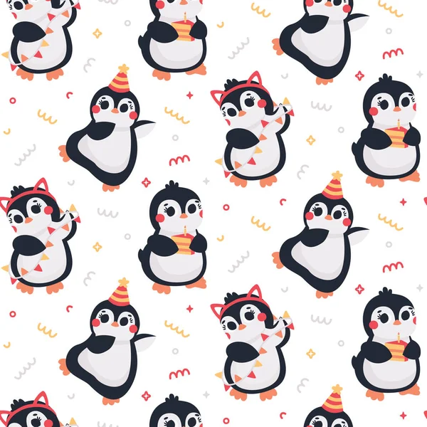 Verjaardag vector naadloos patroon met grappige dansende pinguïns in verjaardagskappen met confetti, slinger, geschenken, ballonnen. Feestelijke feestdag behang — Stockvector