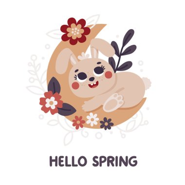Ay 'da komik tavşanlı şirin Paskalya kartları, bahar çiçekleri, bitkiler, yapraklar, dallar ve trend boho renklerinde merhaba baharı.