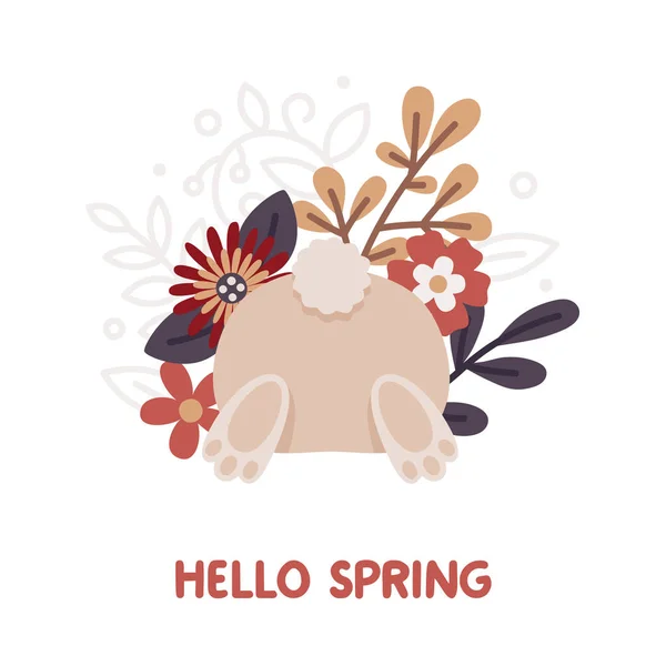 Lindo vector de tarjetas de Pascua con divertido conejito, flor de primavera, plantas, hojas, ramas y cotización Hola primavera en colores boho de moda — Archivo Imágenes Vectoriales