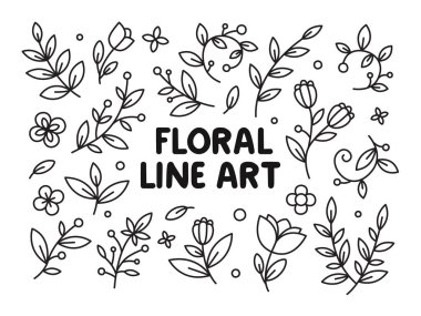 Çiçekler, laleler, yapraklar, böğürtlenler, bitkiler ve dallarla süslenmiş güzel çizgiler. 8 Mart ve Sevgililer Günü koleksiyonu