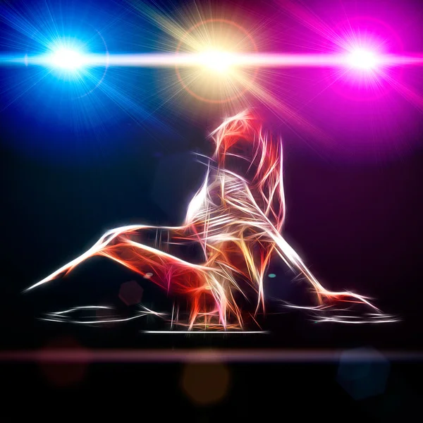 DJ dziewczyna na pokładach na stronę z kolorowymi światłami — Zdjęcie stockowe