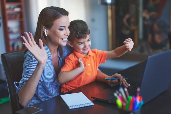 Caucaisan Mother Toothy Smiling Son Waving Laptop Video Call — Stock Photo, Image