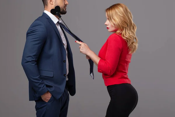 Passionate Confident Blonde Woman Red Holding Rich Man Tie — Stock Photo, Image