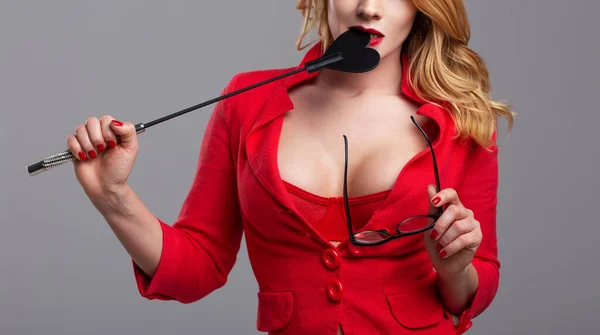 Sexy Dominant Caucasian Blonde Woman Red Biting Whip — Stock Photo, Image