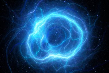 Uzayda parlayan mavi dairesel plazma yıldırımı, bilgisayar tarafından soyut arkaplan oluşturulmuş, 3D görüntüleme
