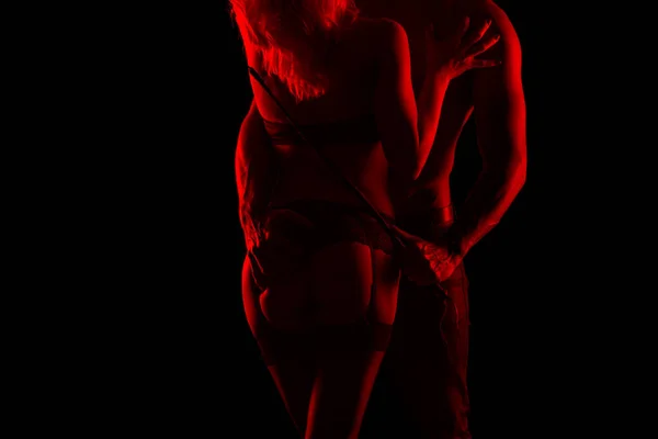 Homem Segurando Chicote Amante Roupa Interior Noite Luz Vermelha Bdsm — Fotografia de Stock