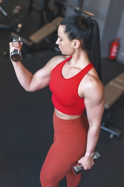 Young Caucasian Woman Doing Exercise Dumbbells Gym — Photo