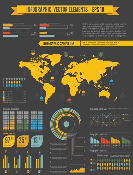 Set retrò infografico. Mappa del mondo e grafica dell'informazione — Vettoriale Stock