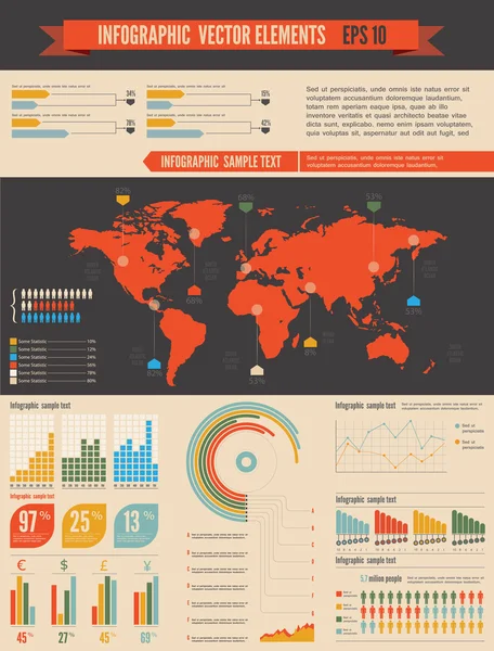 Conjunto de infografías retro. Mapa del mundo y gráficos de la información — Vector de stock