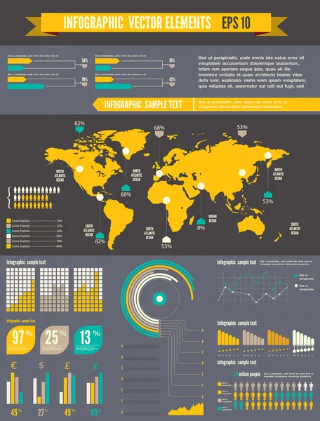 Conjunto de infografías retro. Mapa del mundo y gráficos de la información — Archivo Imágenes Vectoriales