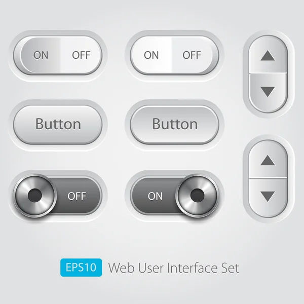 Collecte d'interface utilisateur vectorielle. Boutons marche / arrêt, barres, boutons d'alimentation, interrupteur à bascule, curseurs — Image vectorielle