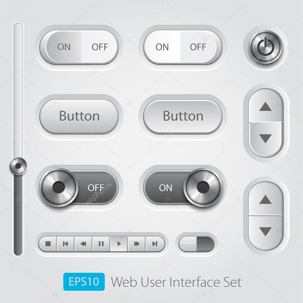 Vector user interface collection. On off buttons, bars, power buttons, toggle switch, sliders