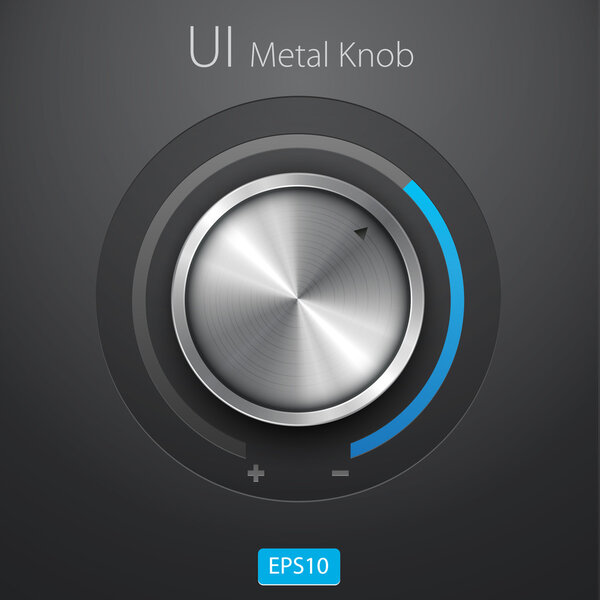 Volume button (music knob) with metal texture (steel, chrome), scale and dark background