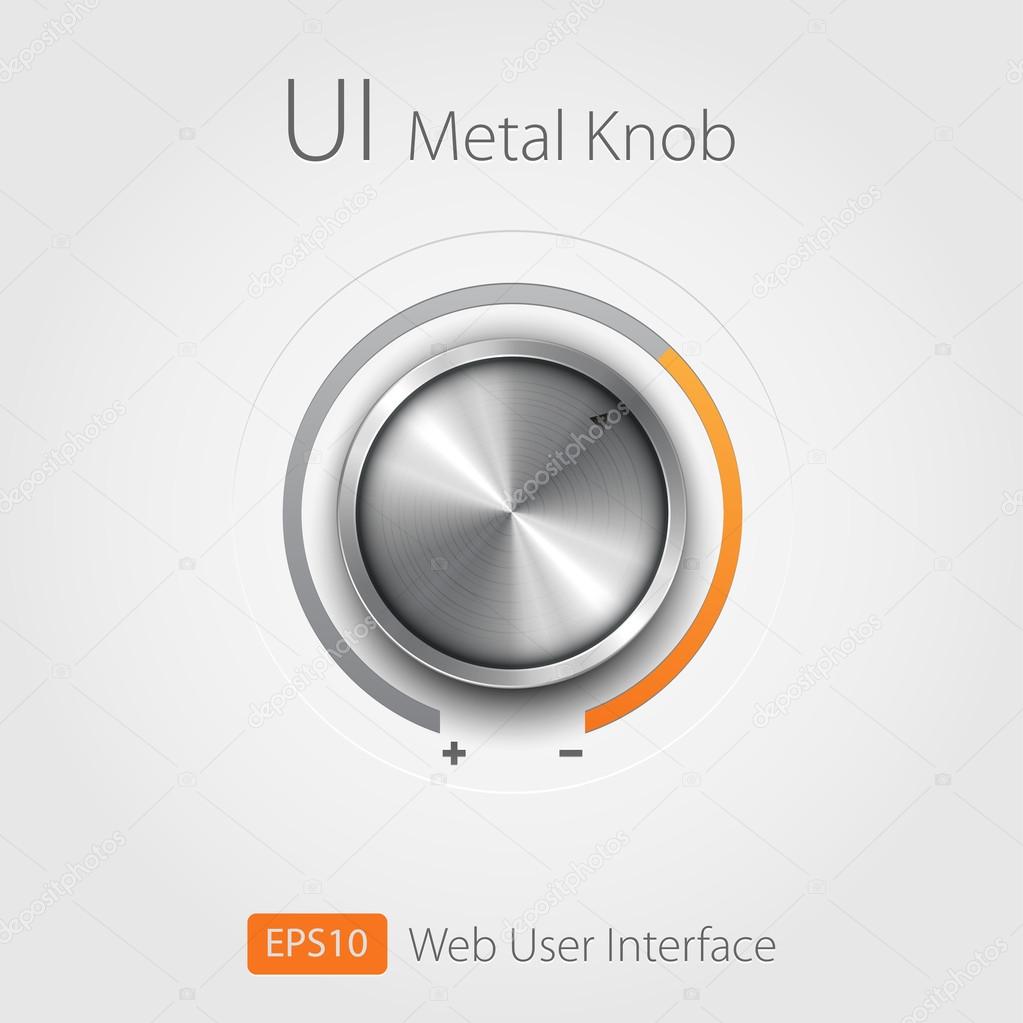 Volume button (music knob) with metal texture (steel, chrome), scale and dark background