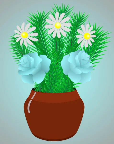 Fleurs rose et camomille dans un pot — Image vectorielle