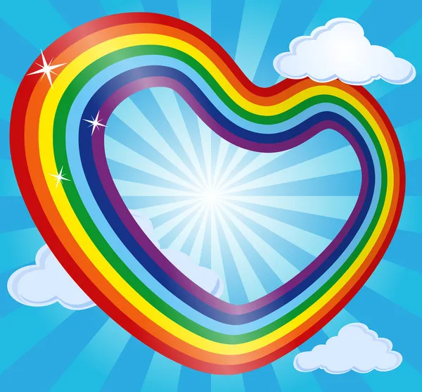 Cuore arcobaleno in cielo con nuvole e sole. Sfondo astratto. Illustrazione vettoriale — Vettoriale Stock