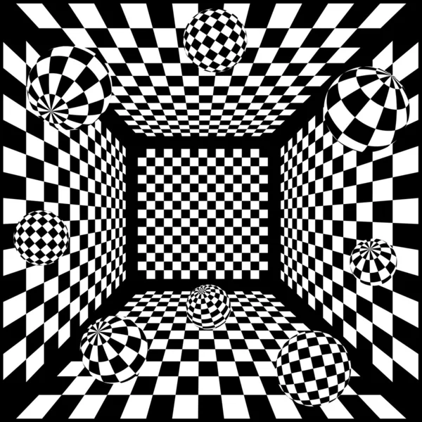 3D Abstracto fondo de ajedrez en blanco y negro con bolas — Vector de stock