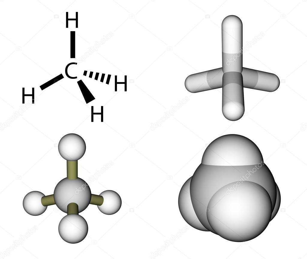 Methane structural formula and molecular models isolated on a wh