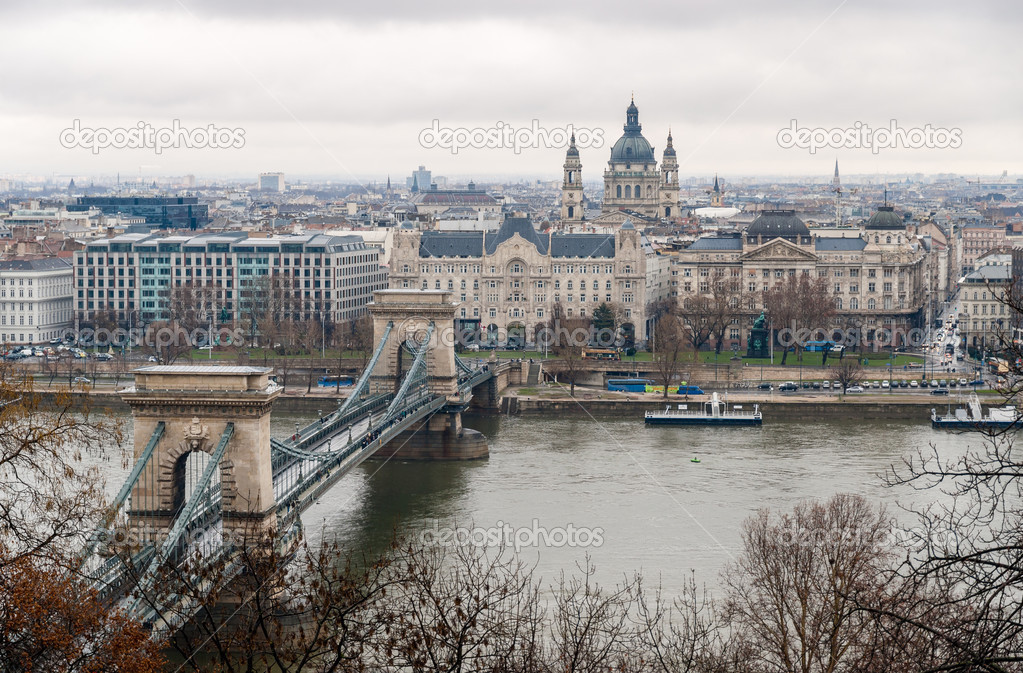 View of Budapest: Chain Bridge, St. Stephen's Basilica, Danube r