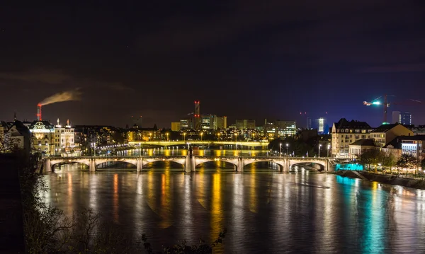 Night view of Rhine embankment in Basel - Switzerland — Stock Photo, Image