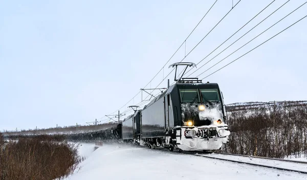 Comboio de carga perto da aldeia de Abisko, na Suécia — Fotografia de Stock