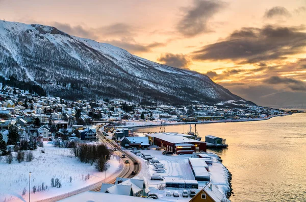 Sonnenuntergang Über Dem Fjord Winter Tromso Norwegen — Stockfoto