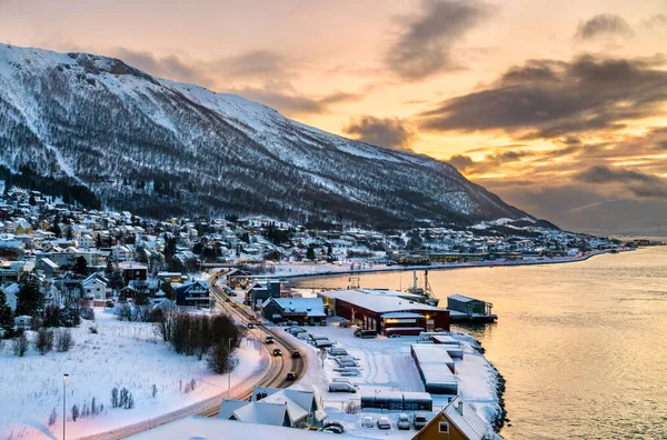 Coucher Soleil Dessus Fjord Hiver Tromso Norvège — Photo