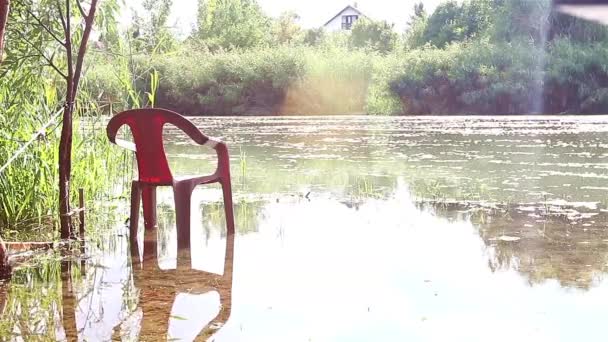 Een stoel in de ochtend rivier — Stockvideo