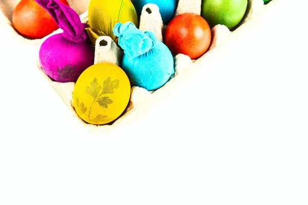 Traditional decorated eggs in carton egg box — Stock Photo, Image