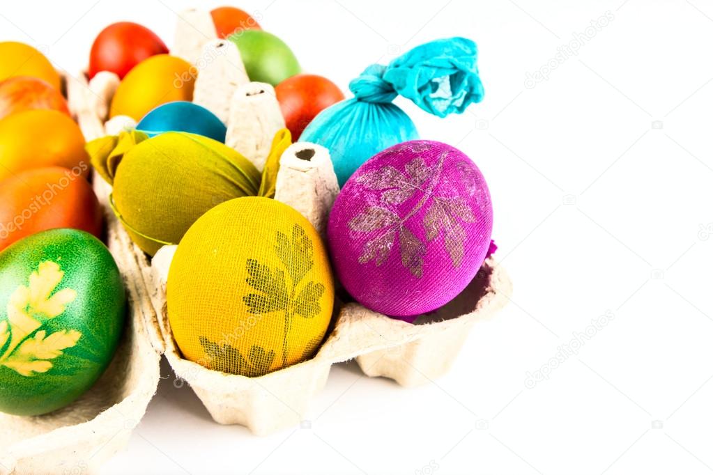 Traditional decorated eggs in carton egg box — Stock Photo © roman023 43385457
