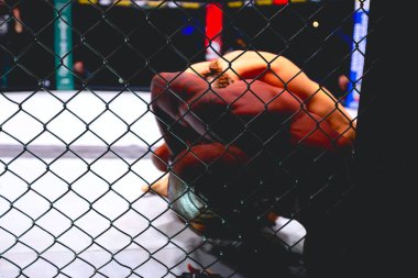 İki güçlü kaslı profesyonel MMA dövüşçüsü, birbirlerine kenetlenmişler, sekizgen katta parterre güreşiyorlar..