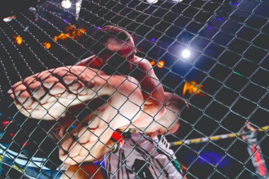 İki güçlü kaslı profesyonel MMA dövüşçüsü, birbirlerine kenetlenmişler, sekizgen katta parterre güreşiyorlar..