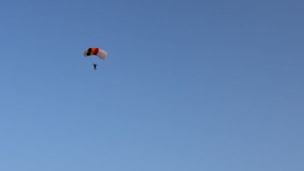 Parachutist Met Een Open Parachute Vliegt Vertraagt Voor Landing Grond — Stockvideo