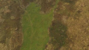 Üst görünümün üzerinde, ileriye dönük hareket, kamera bataklıktaki çayırı, bitki örtüsünü ve ormanlar arasında giden asfalt yolu, aktif trafiği göstermek için yana yatar..