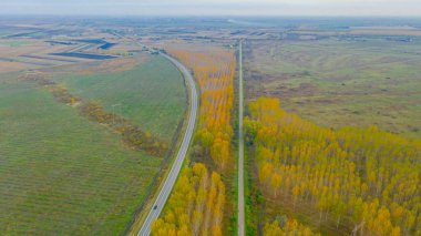 Tepede, ufukta sisli, manzaralı bitki örtüsü, eğri asfalt yolu orman tarlaları, tarım çiftlikleri, tarım arazileri, ormanlık araziler arasında gidiyor..