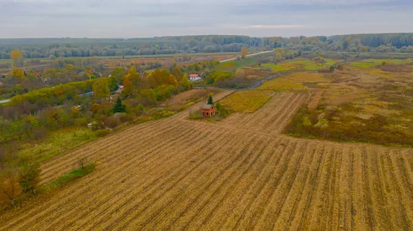 Vista Dall Alto Sulla Vegetazione Paesaggistica Campi Agricoli Con Cottage — Foto Stock